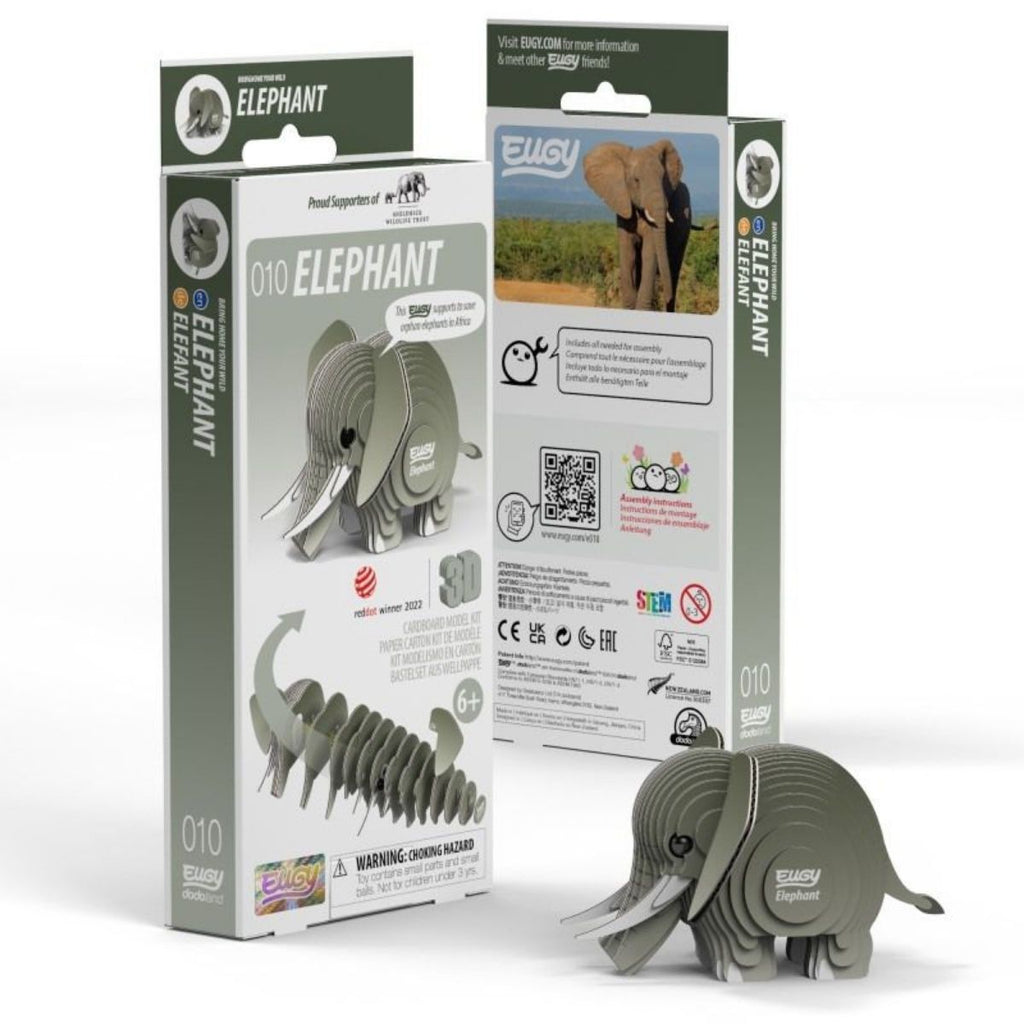 3D paper elephant model with packaging on a white background