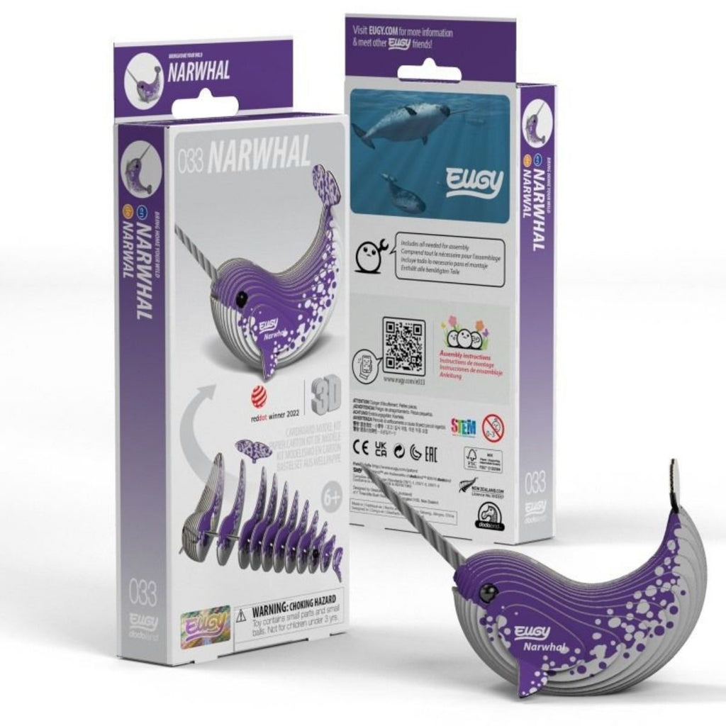 Purple and gray narwhal-shaped tool with packaging on a white background