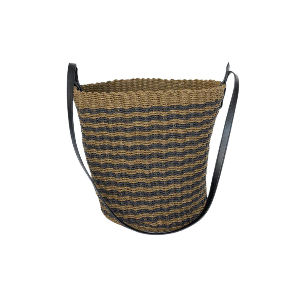 Woven basket with black handles on a white background