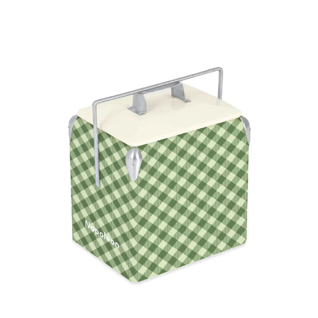 Green and white checkered cooler bin with metal handle on a white background