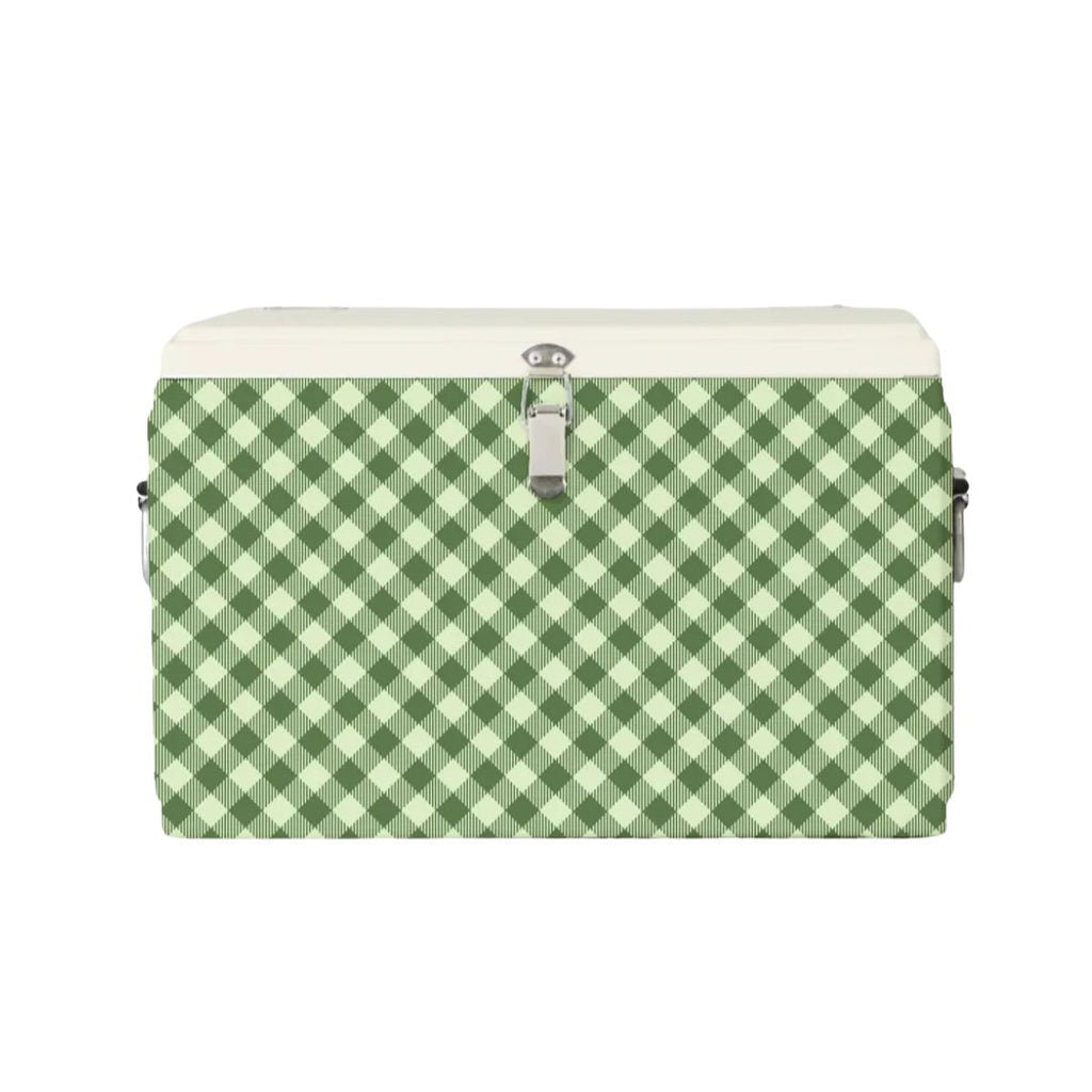Green and white checkered chilli bin with a white top on a white background