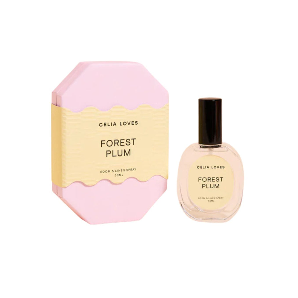 Celia Loves Forest Plum room & linen spray with packaging on a white background