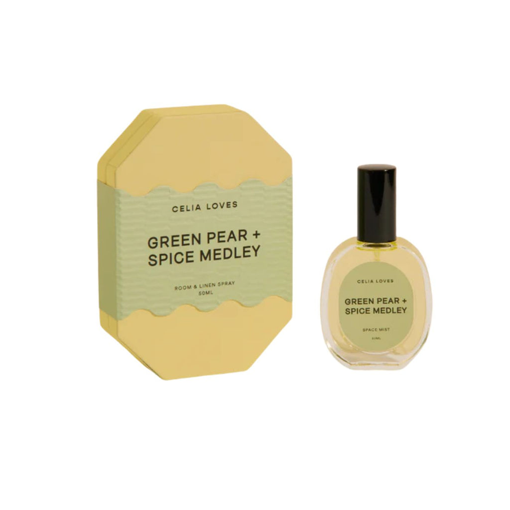 Celia Loves Green Pear + Spice Medley room and linen spray with packaging on a white background