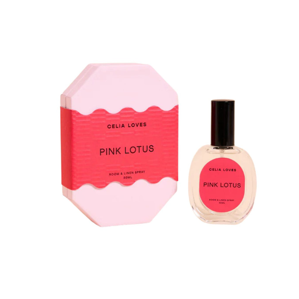Celia Loves Pink Lotus room spray bottle and packaging on a white background