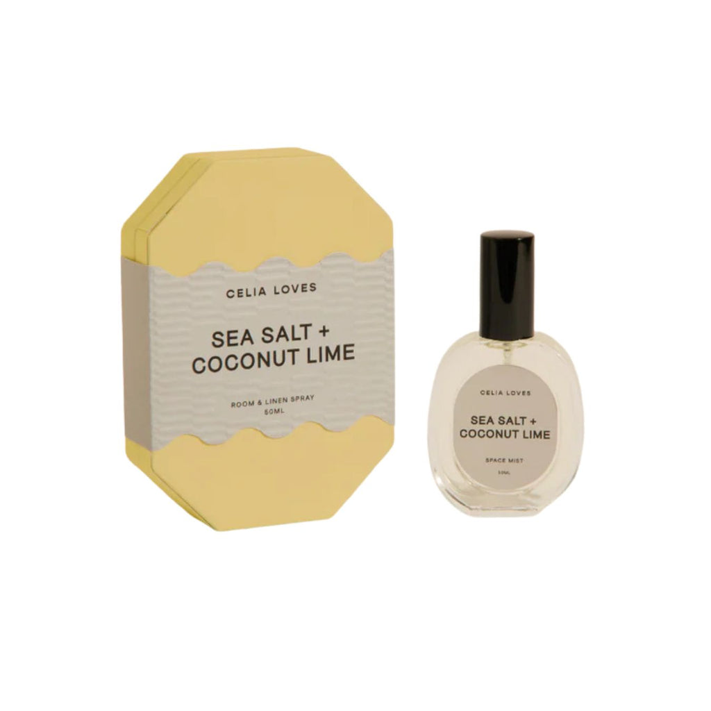 Celia Loves Sea Salt + Coconut Lime room and linen spray with packaging on a white background