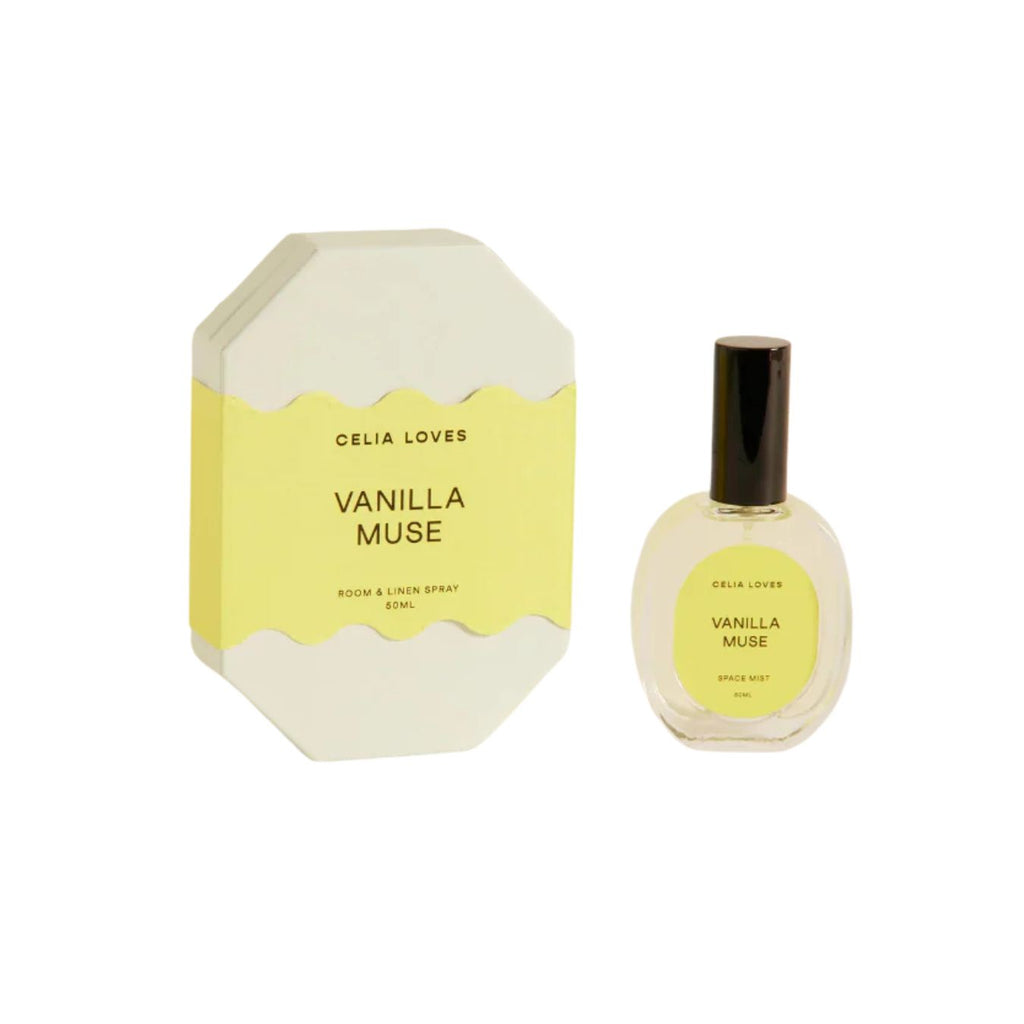 Celia Loves Vanilla Muse room & linen spray and bottle on a white background