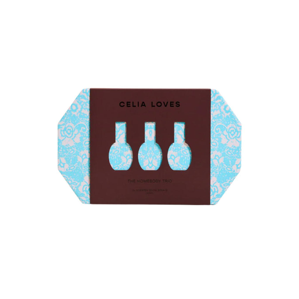 Product packaging with 'Celia Loves' branding and blue bottle illustrations on a white background