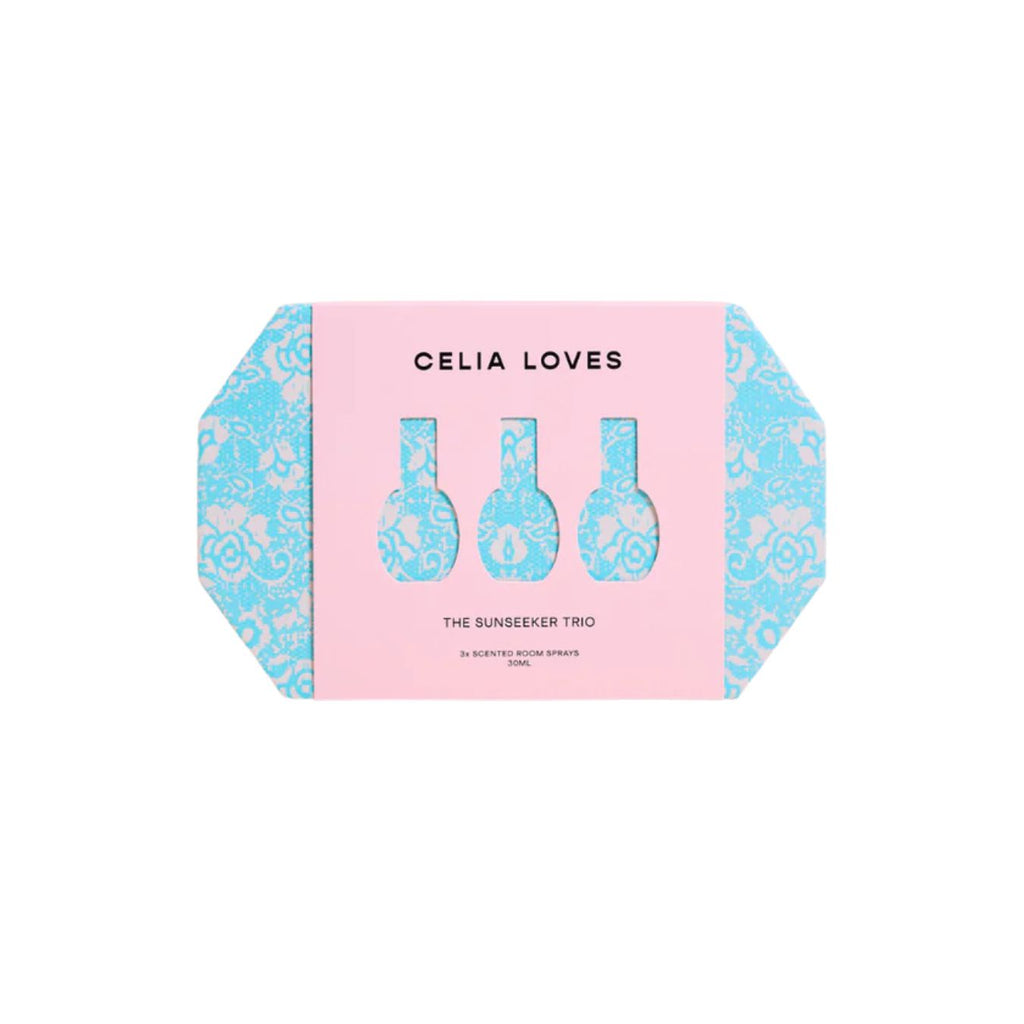Celia Loves product packaging with pink and blue design on a white background