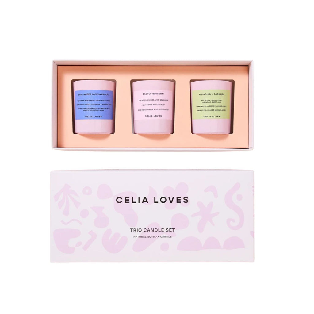 Celia Loves trio candle set with three candles in a box on a white background