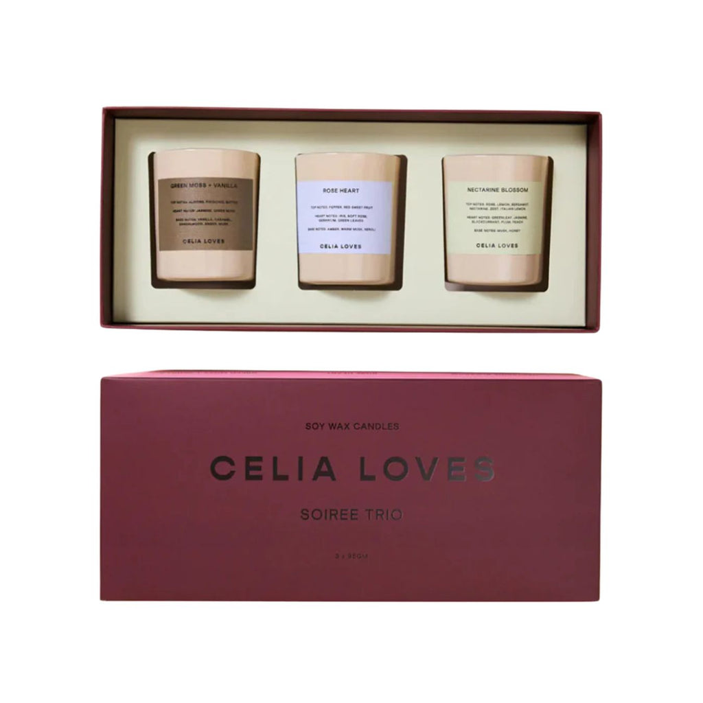 Set of three candles in a box with 'Celia Loves' branding on a white background