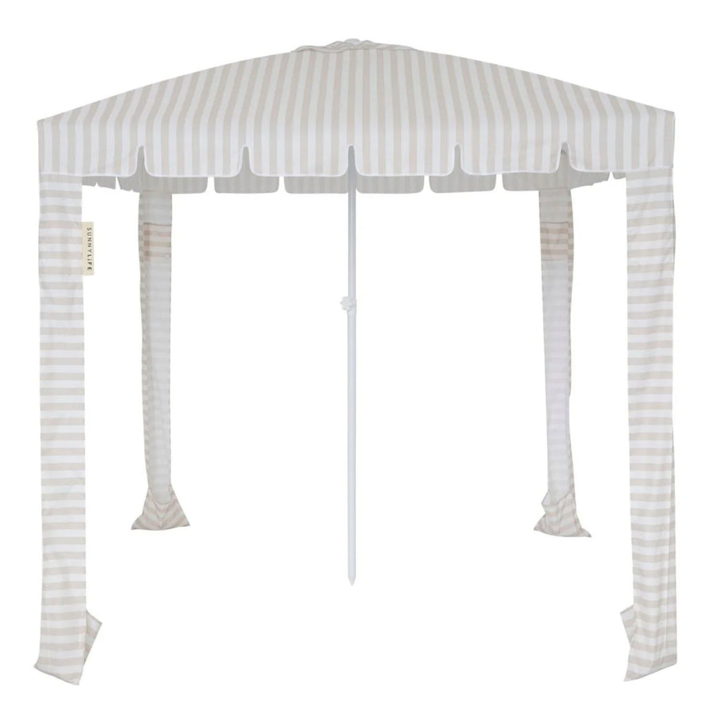 Striped canopy tent with white and gray pattern on a white background