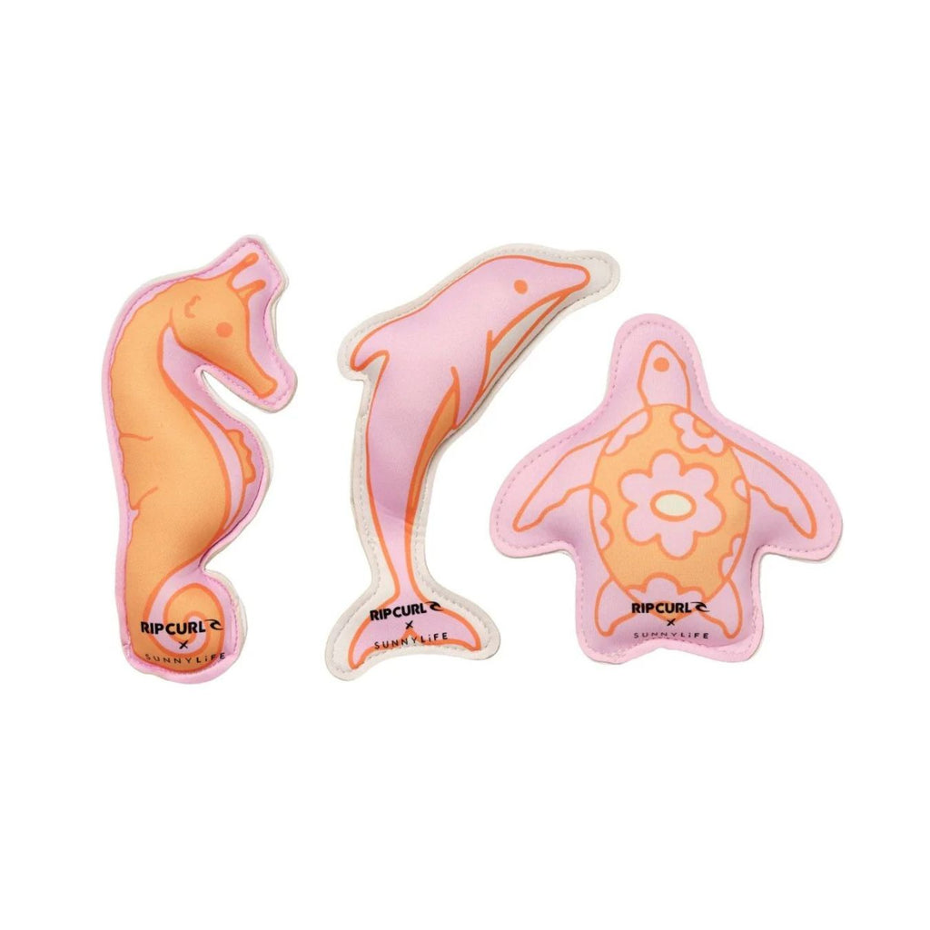 Three colorful animal-shaped stickers with 'Rip Curl' branding on a white background