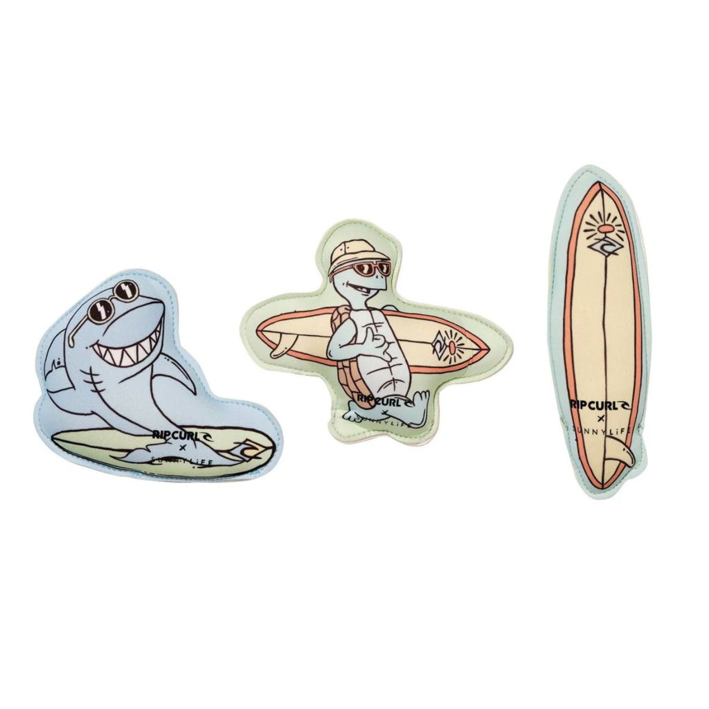 Three pool toys featuring a shark, a turtle on a surfboard, and a surfboard with text on a white background.