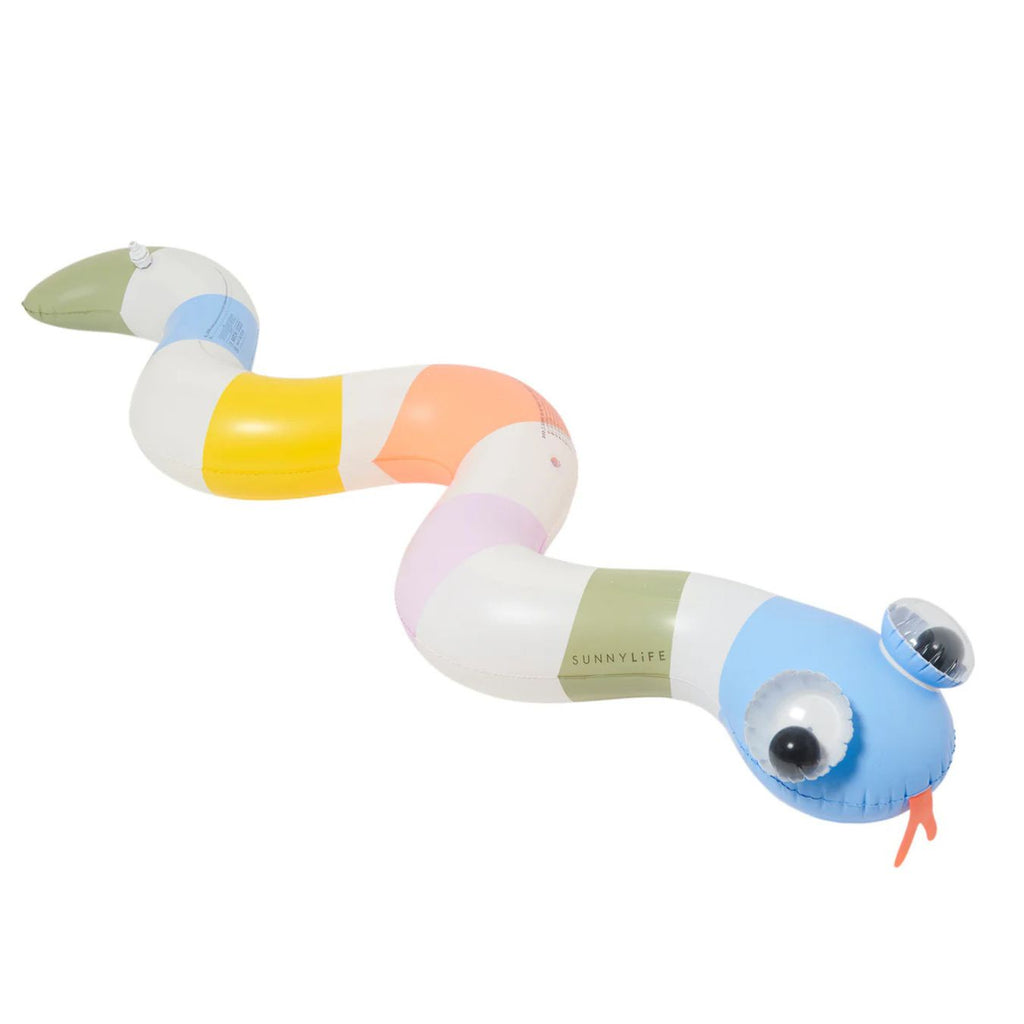 Colorful inflatable snake toy on a white background