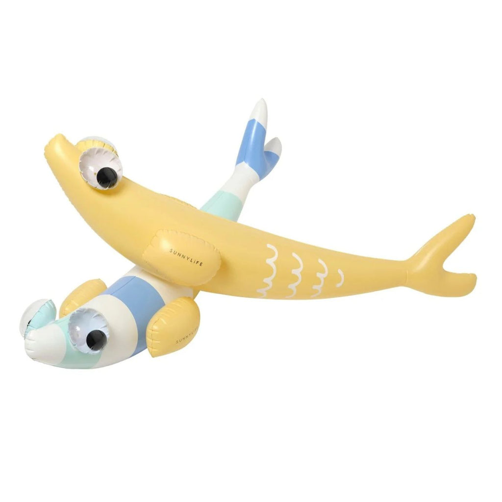 Toy shark with googly eyes on a white background
