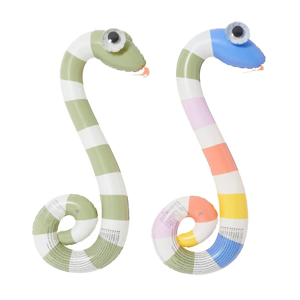 Two colorful striped inflatable snake toys on a white background