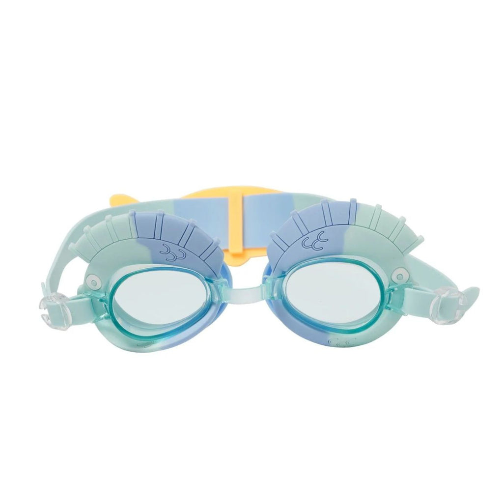 Children's swimming goggles with a blue and yellow design on a white background