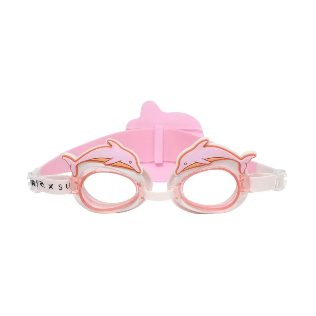 Pink swim goggles with dolphin design on a white background