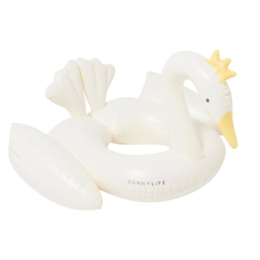 Inflatable swan pool float with a crown on a white background, featuring the Sunnylife brand.