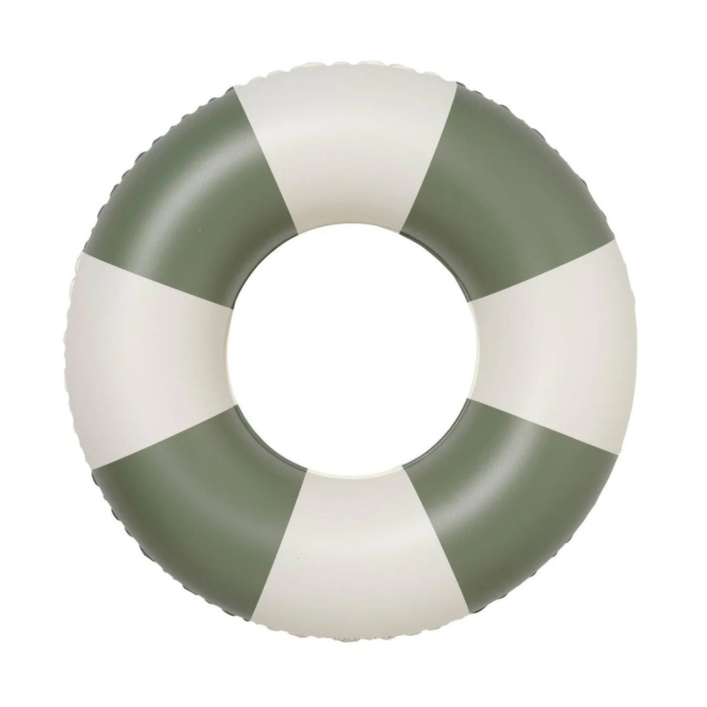 Green and white striped life buoy on a white background