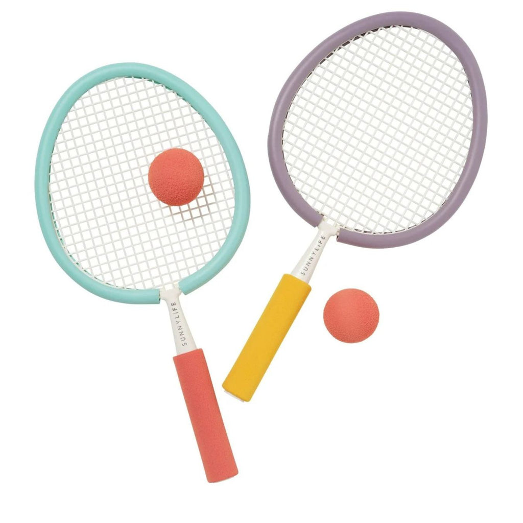 Two colorful badminton rackets with red shuttlecocks on a white background