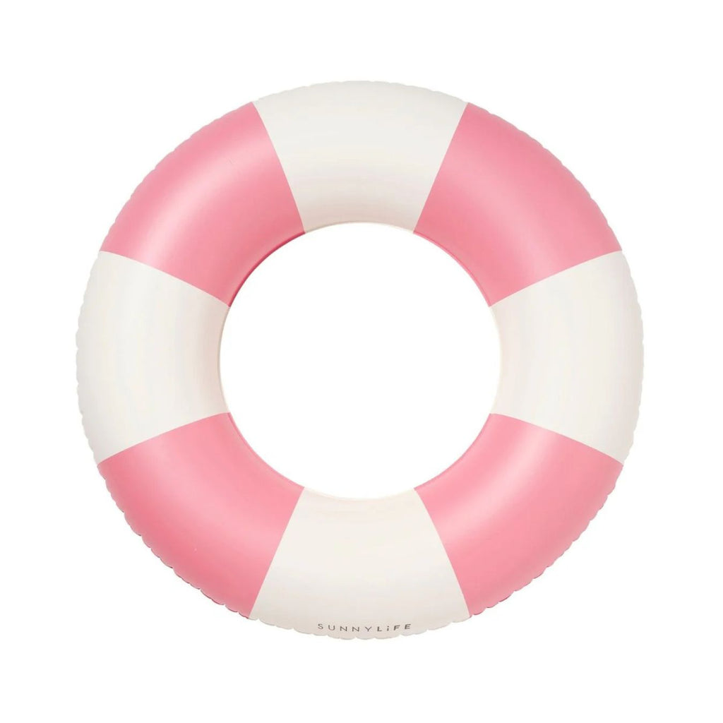 Pink and white striped inflatable ring on a white background