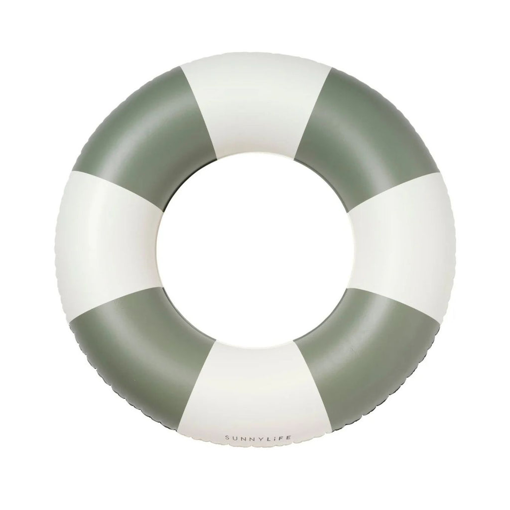 Green and white striped inflatable ring with 'Sunnylife' branding on a white background