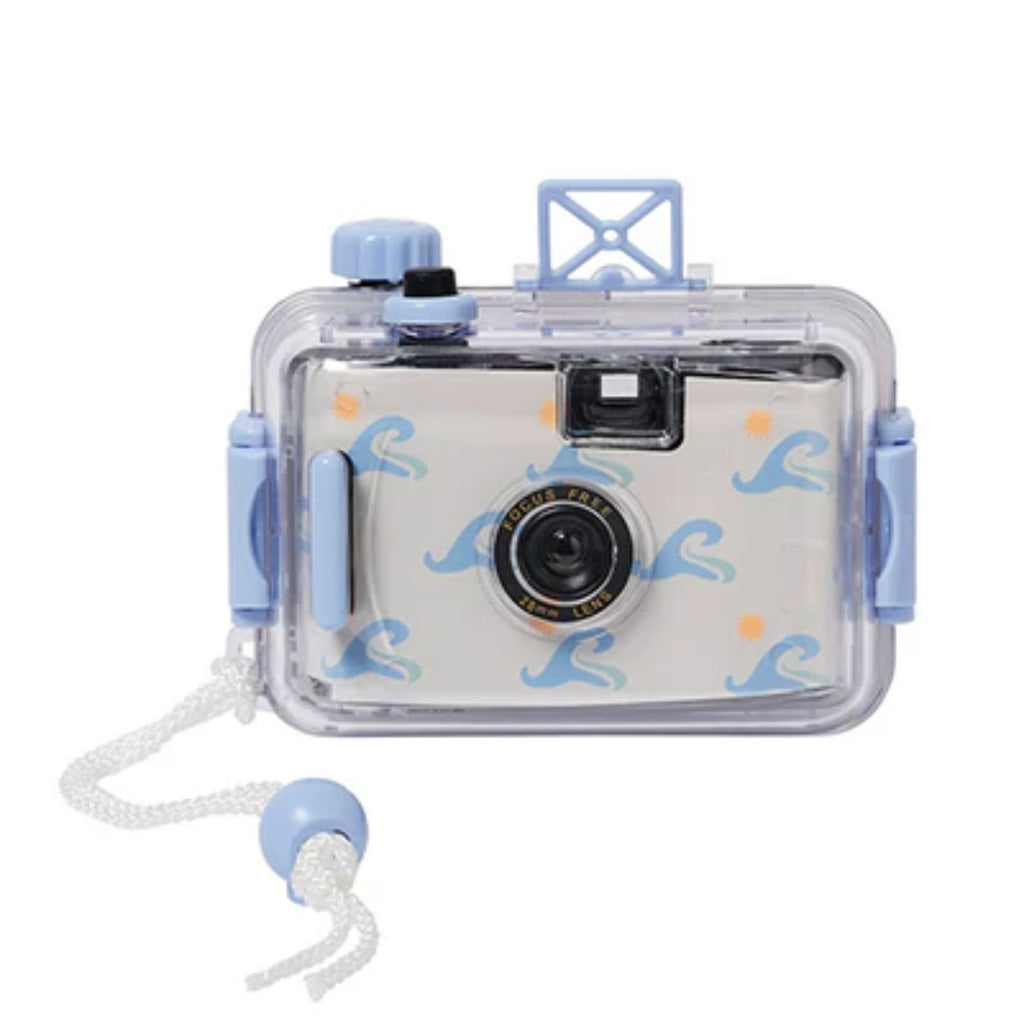 Underwater camera with blue accents on a white background
