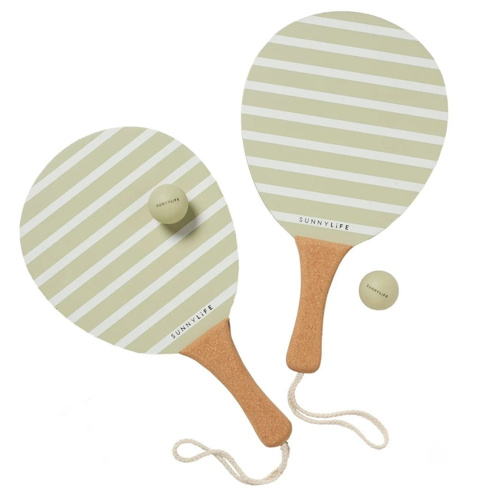 Two striped paddle ball sets with wooden handles on a white background