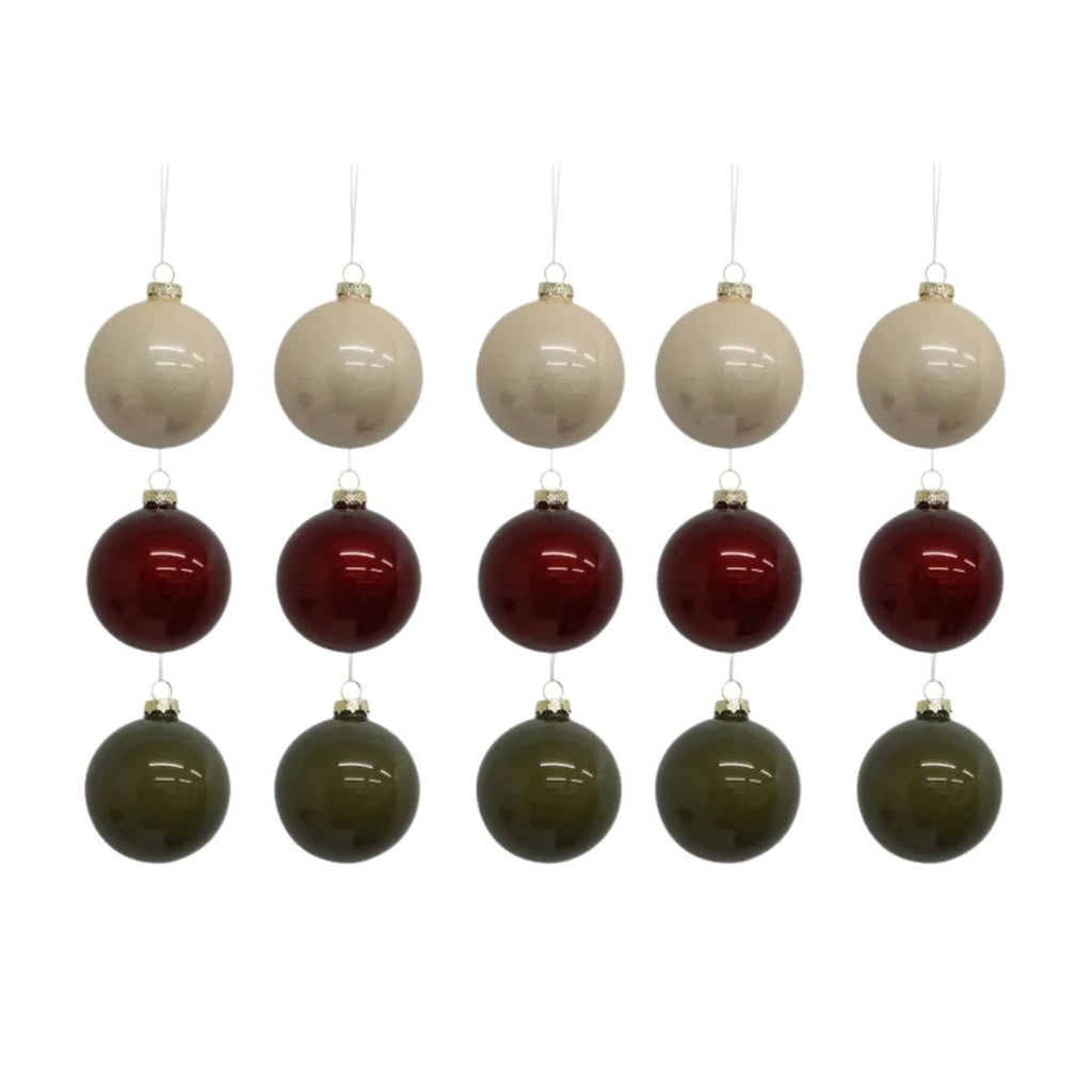 Set of 12 glass Christmas ornaments in beige, red, and green on a white background
