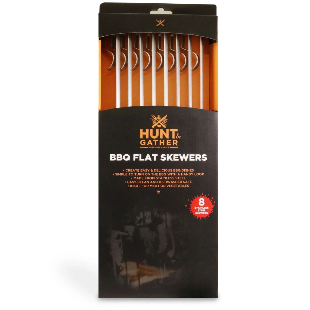 Packaged BBQ flat skewers with 'Hunt & Gather' branding on a white background