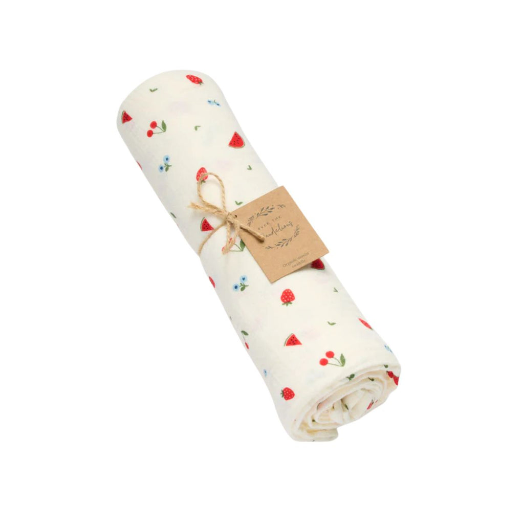 Rolled-up fabric with cherry pattern and tag on a white background