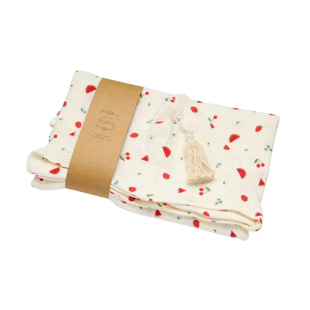 Folded fabric with red heart pattern and brown band on a white background