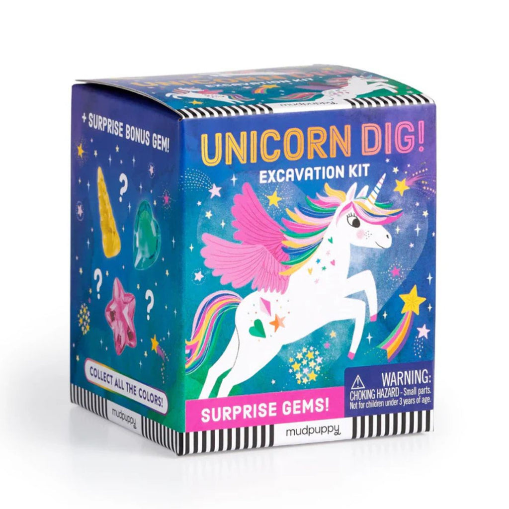 Unicorn Dig! excavation kit packaging with colorful design and unicorn illustration on a white background