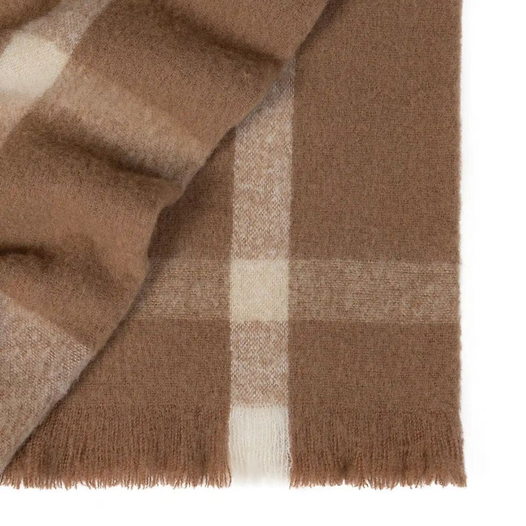Close-up of a brown checkered scarf with fringes on a white background
