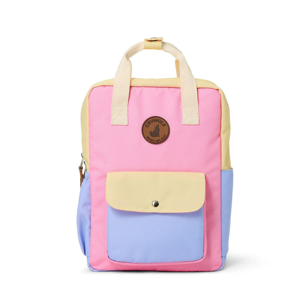 Multicolored backpack with a visible brand logo on a white background
