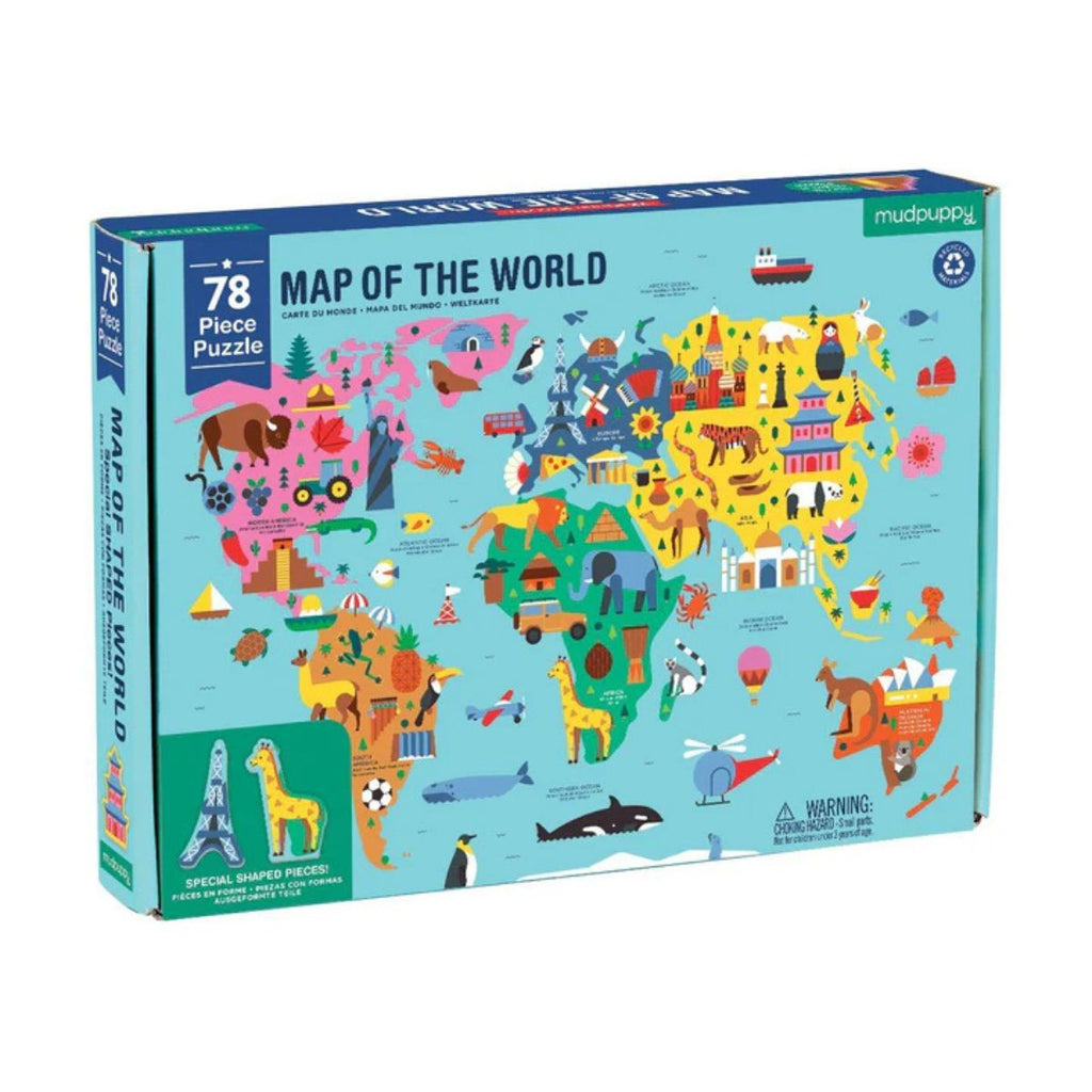 Puzzle box with a colorful map of the world design on a blue background
