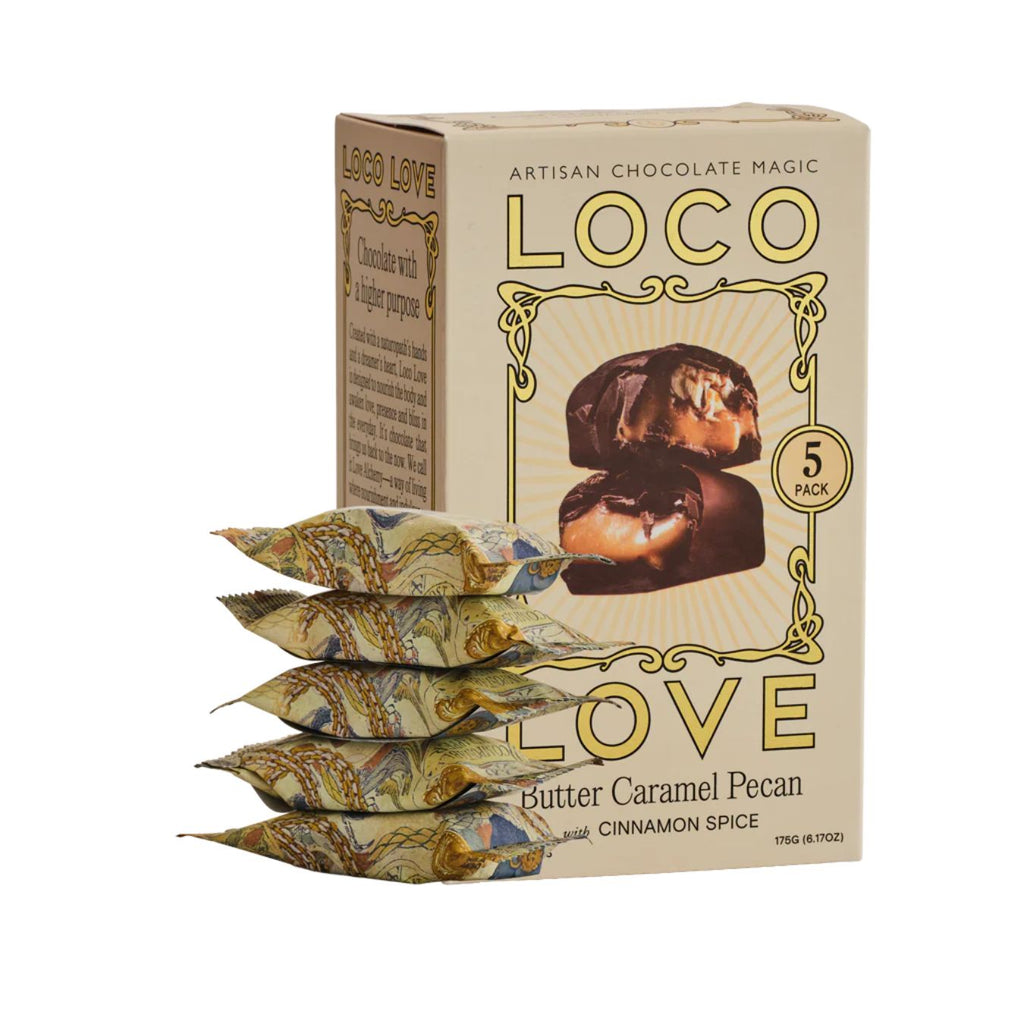 LOCO loves chocolate packaging with five individual packets on a white background