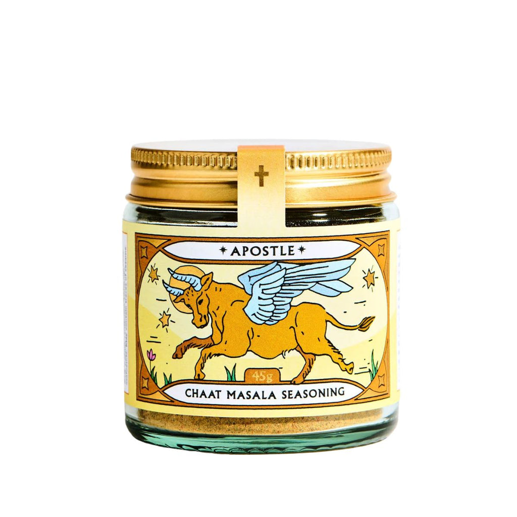 Jar of 'Apostle' Chaat Masala seasoning with a decorative label on a white background