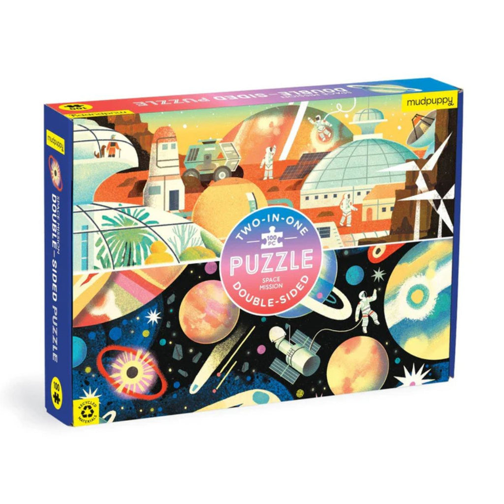 Two-sided puzzle box with space-themed illustrations on a white background