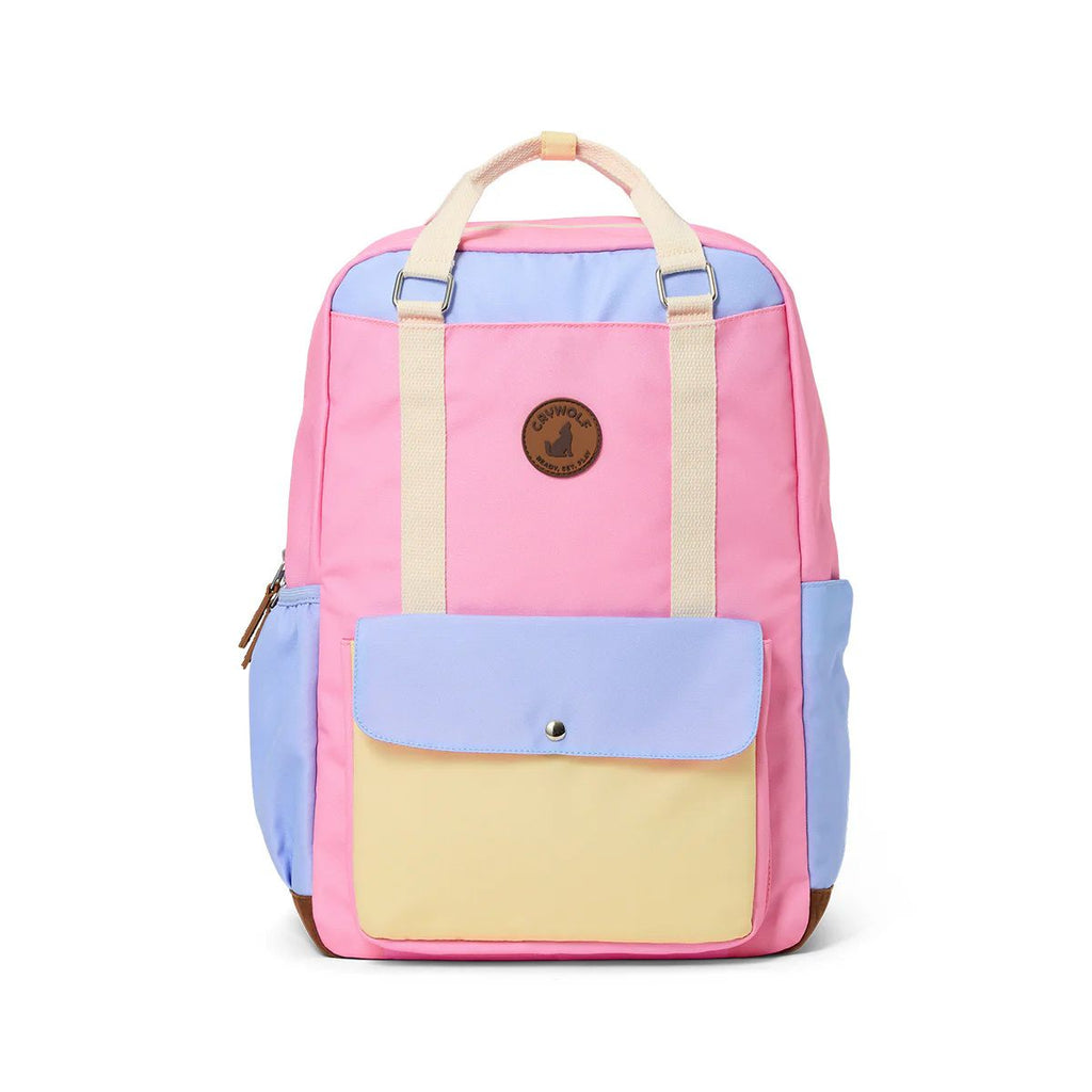 Multicolored backpack with a visible brand logo on a white background