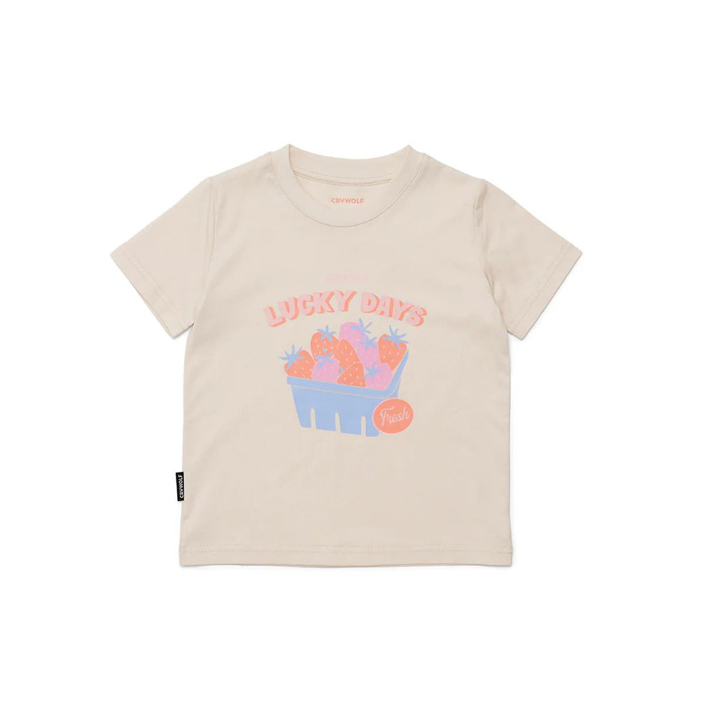 Beige t-shirt with 'Lucky Days' graphic on a white background