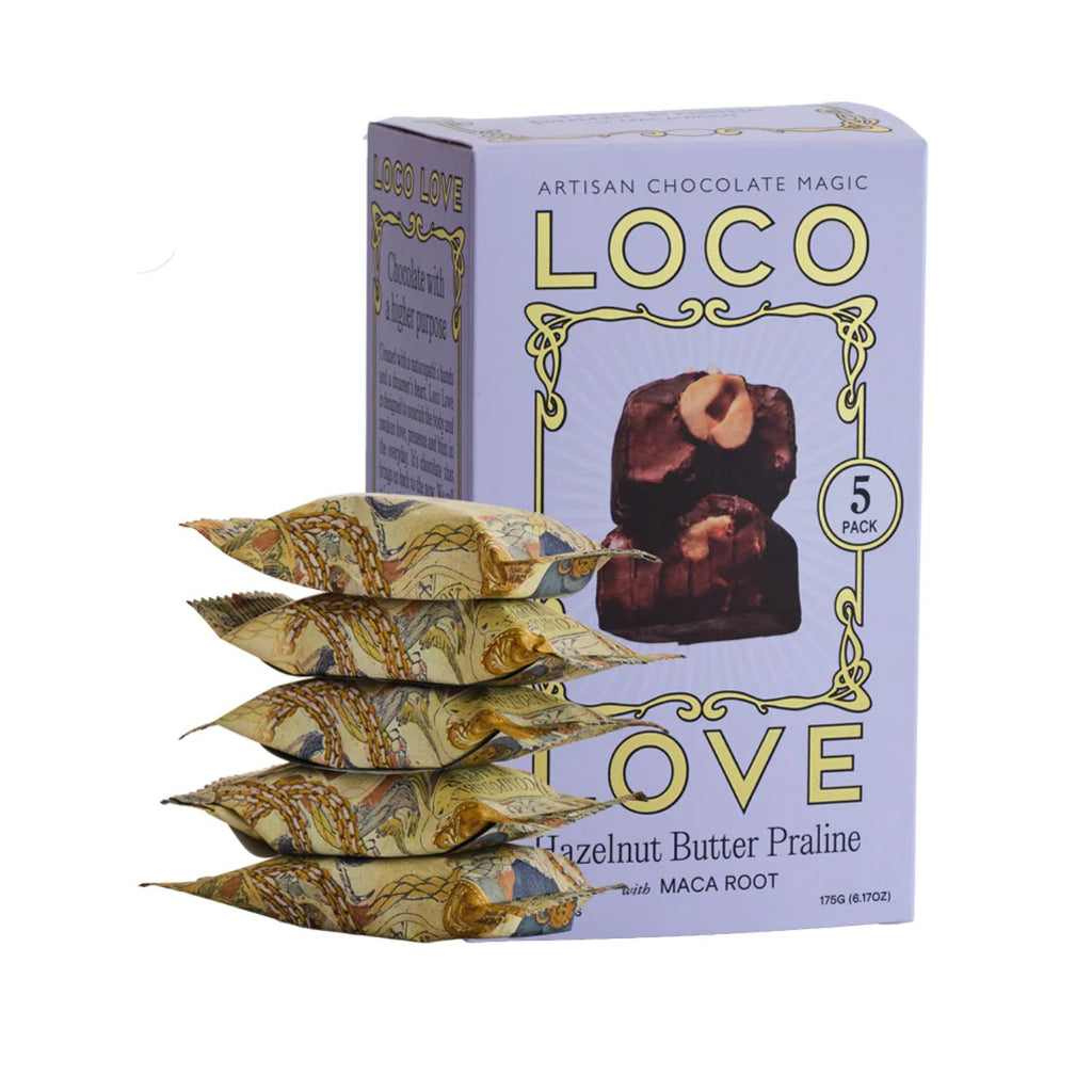 Stack of Loco Love chocolate packages with packaging on a white background