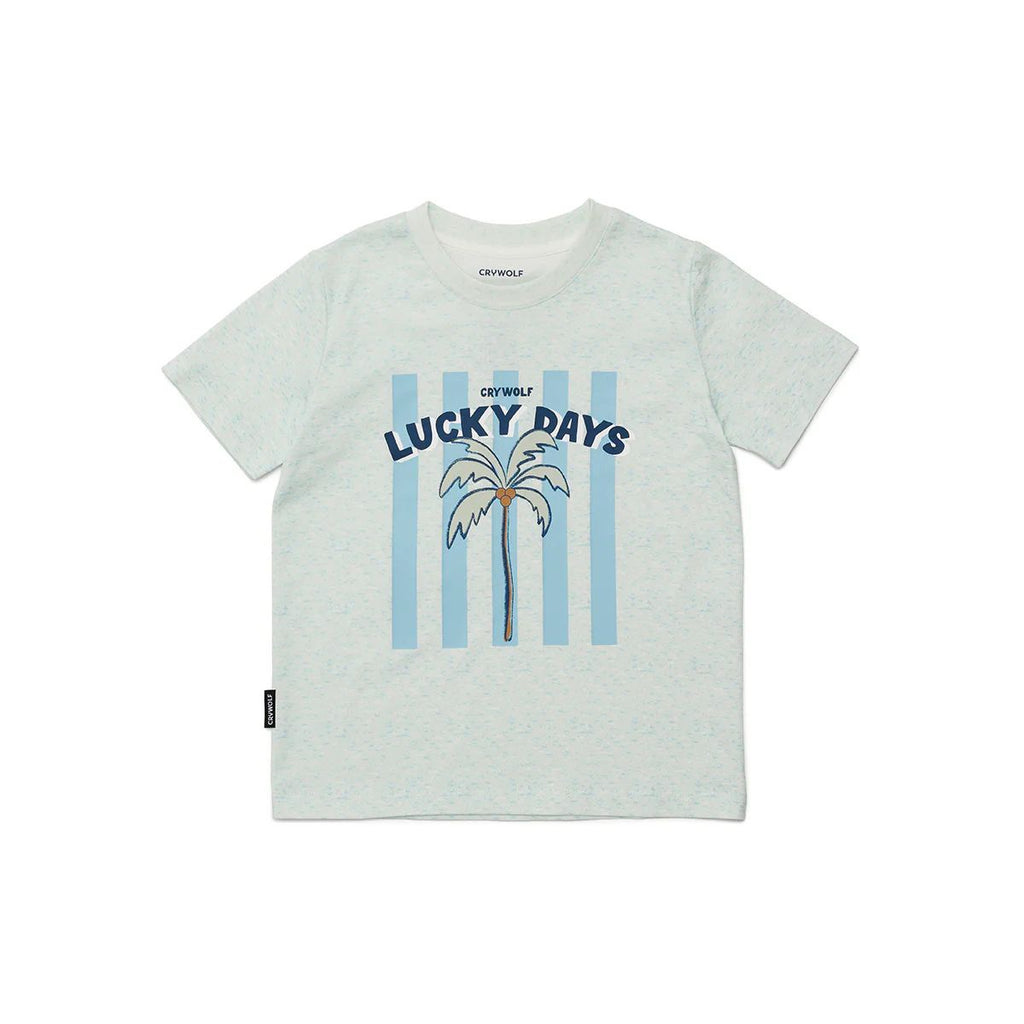White t-shirt with 'Lucky Days' graphic design on a white background