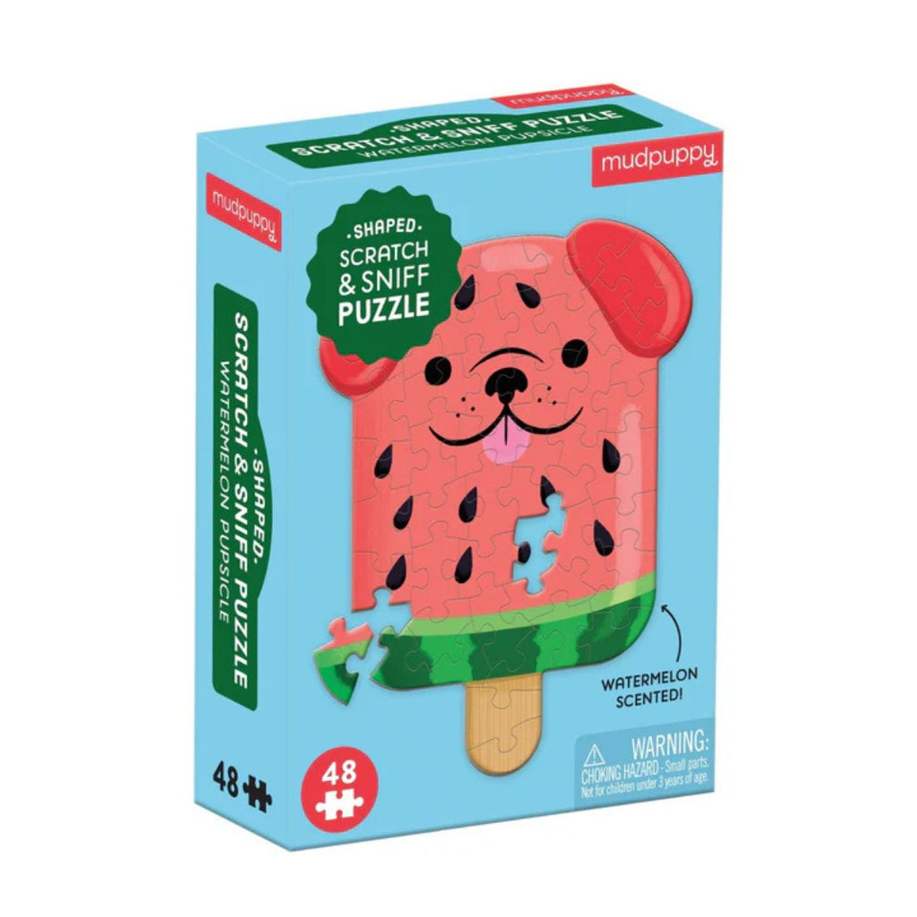 Mudpuppy watermelon-shaped scratch and sniff puzzle packaging on a white background