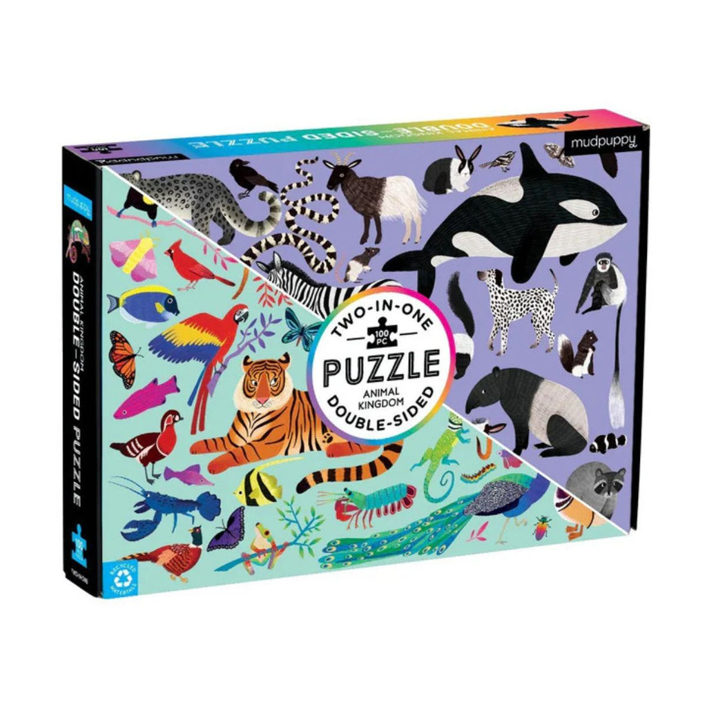 Two-sided puzzle box with animal illustrations on a white background