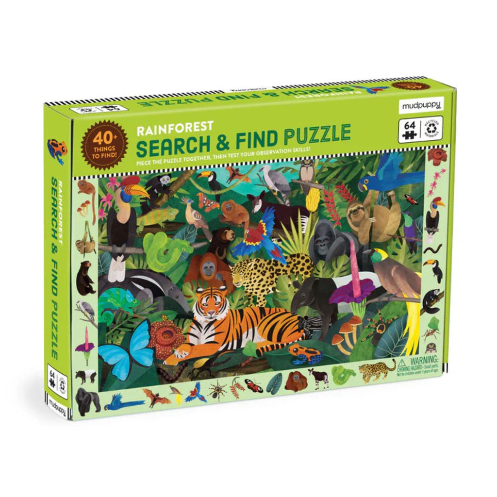 Jigsaw puzzle box with rainforest animals on a white background