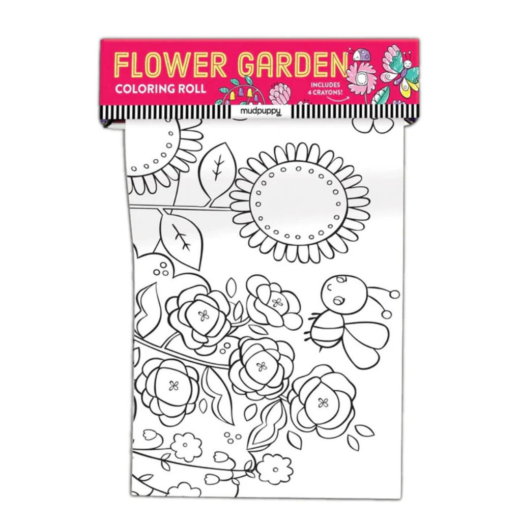 Flower Garden coloring roll with black and white designs on a white background