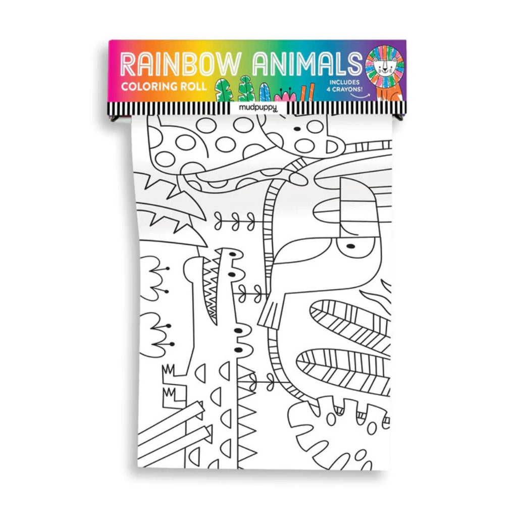 Coloring roll with rainbow animals design and crayons on a white background