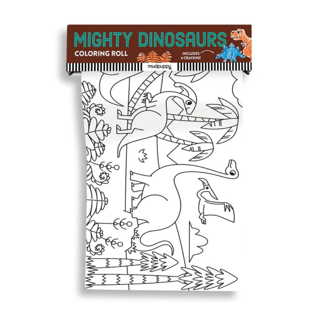 Mighty Dinosaurs coloring roll with crayons on a white background